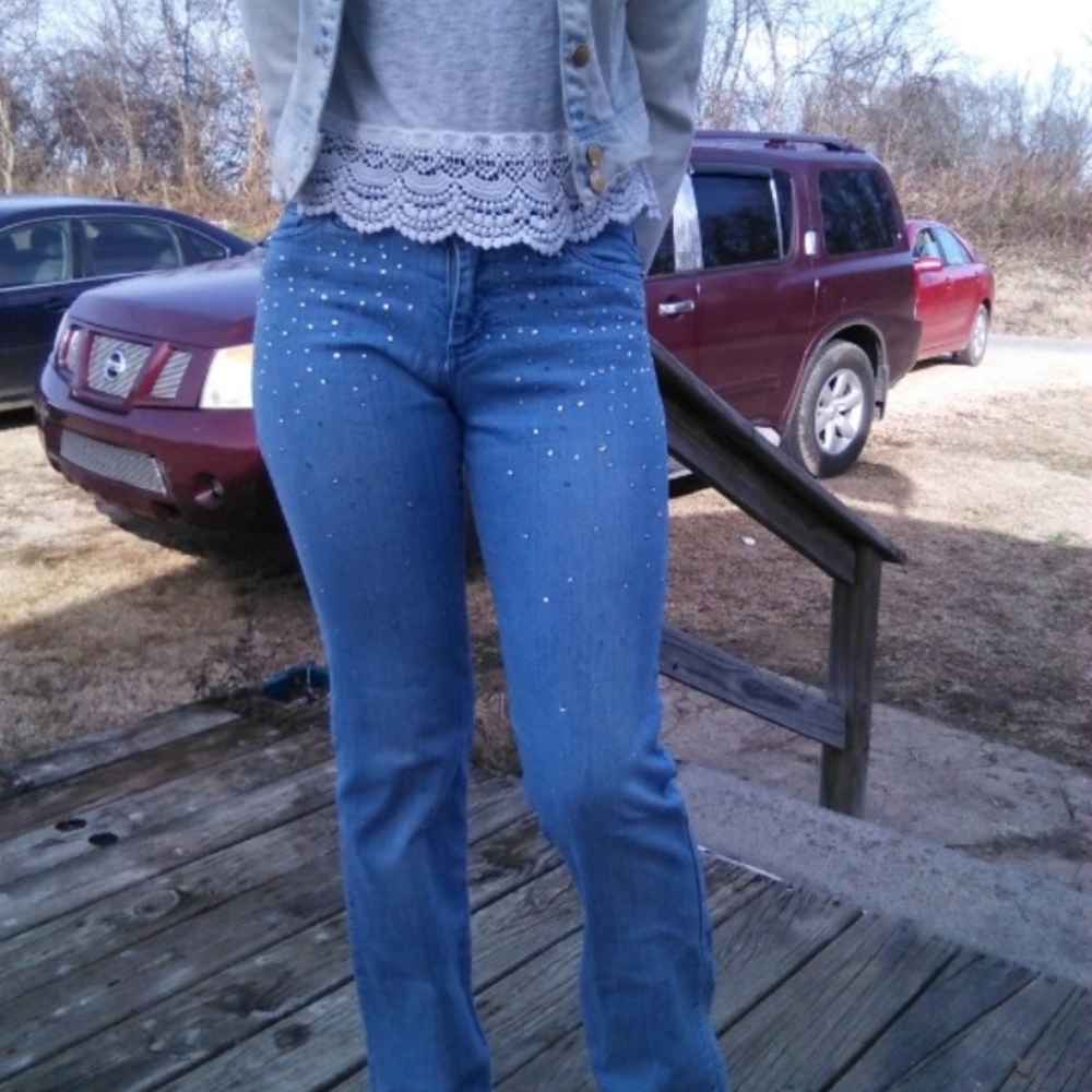 Cache Light Blue Flare Jeans with Silver Studded Detail#pockets